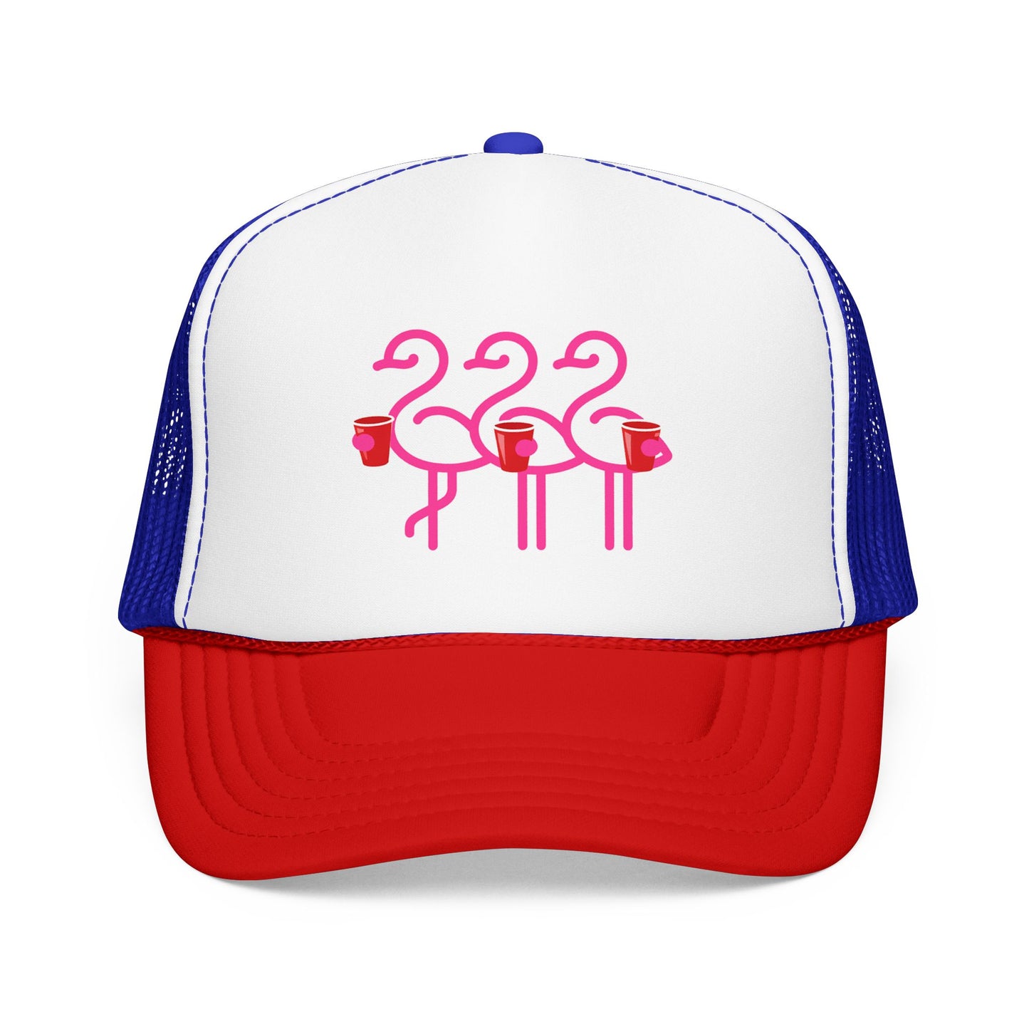 Pink Flamingo Trio Foam Trucker Hat | Retro Beach Party Mesh Cap | Red Cup Throuple Life