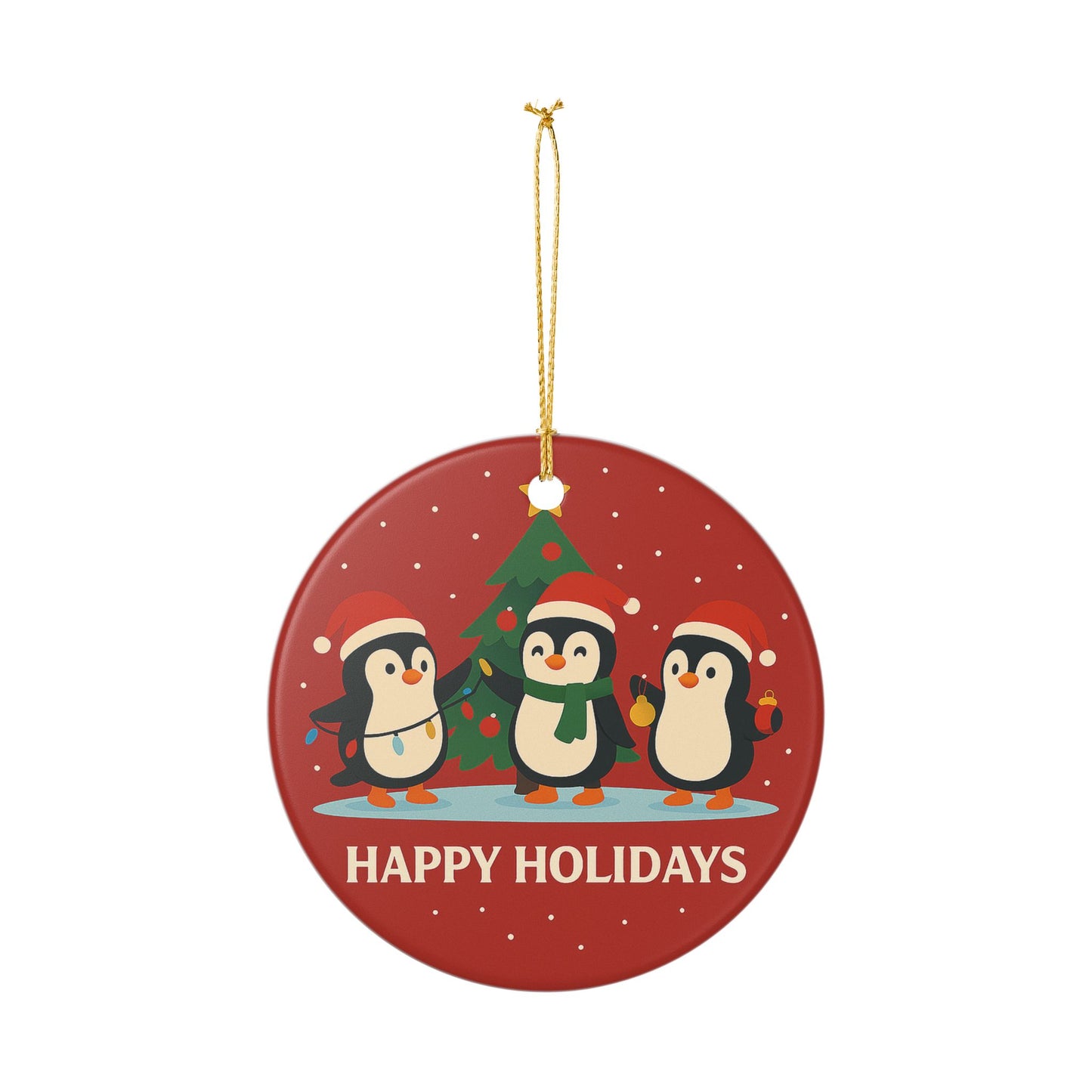 Happy Holidays Trio Penguins Ornament | Ceramic Holiday Ornament | Throuple Ornament Christmas Tree
