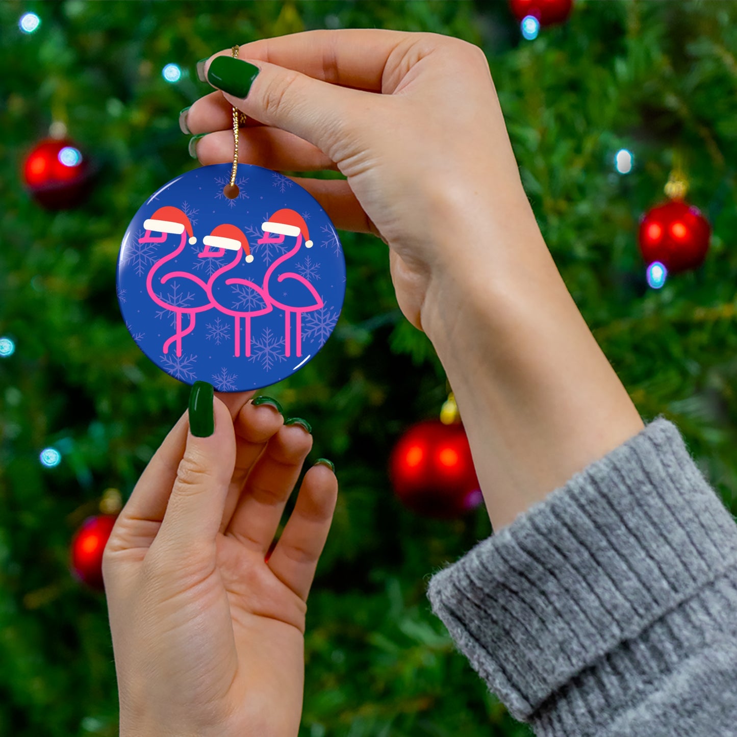 Pink Flamingos with Santa Hats Ceramic Ornament | Round Holiday Decoration | Throuple Holiday Ornament