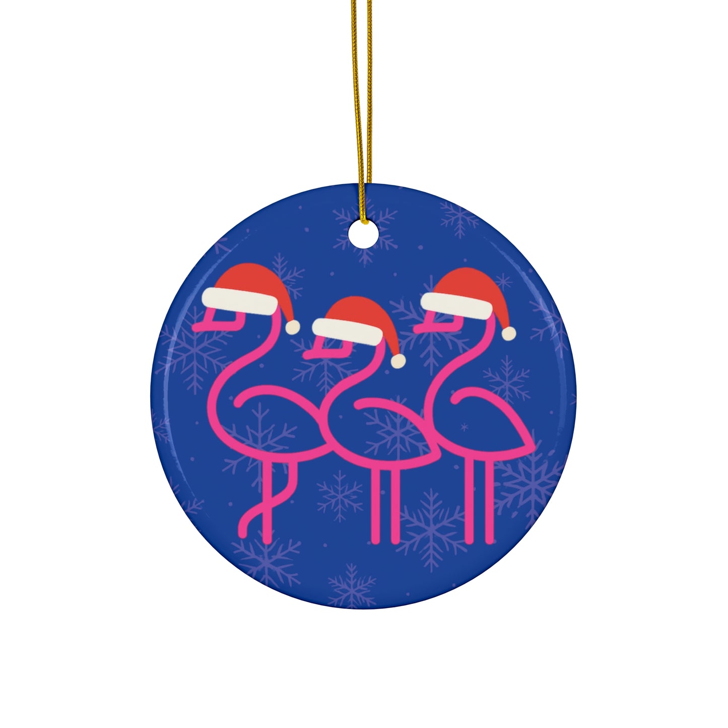 Pink Flamingos with Santa Hats Ceramic Ornament | Round Holiday Decoration | Throuple Holiday Ornament