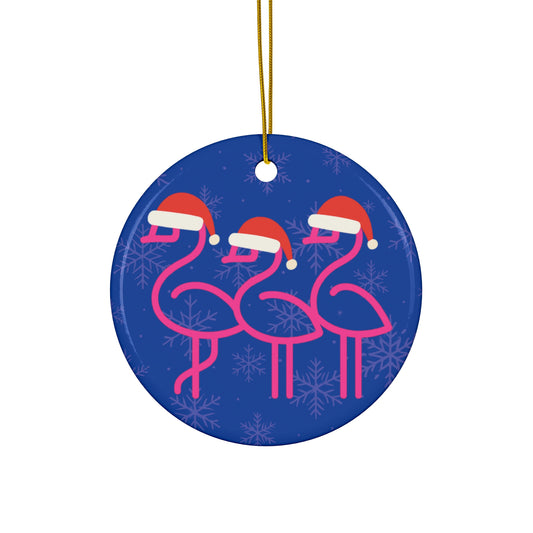 Pink Flamingos with Santa Hats Ceramic Ornament | Round Holiday Decoration | Throuple Holiday Ornament