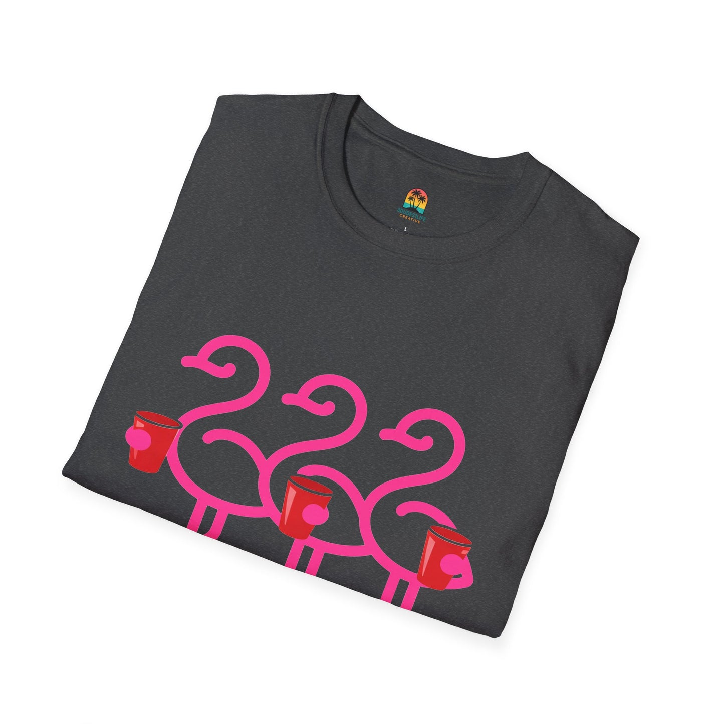Pink Flamingos Holding Cups T-Shirt | Tropical Party Graphic | Red Cup Throuple Life