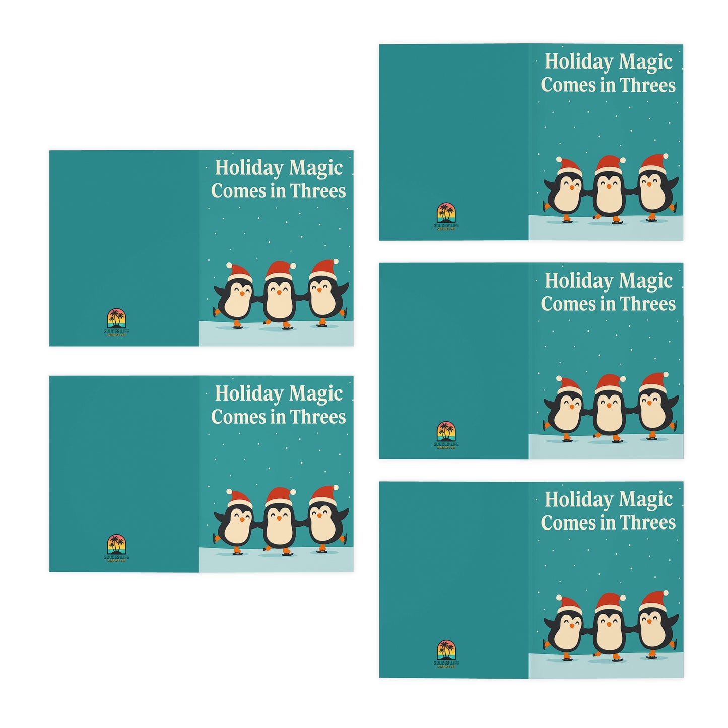 Holiday Magic Comes in Threes Penguin Greeting Cards (5-Pack) | Throuple Holiday & Christmas Cards