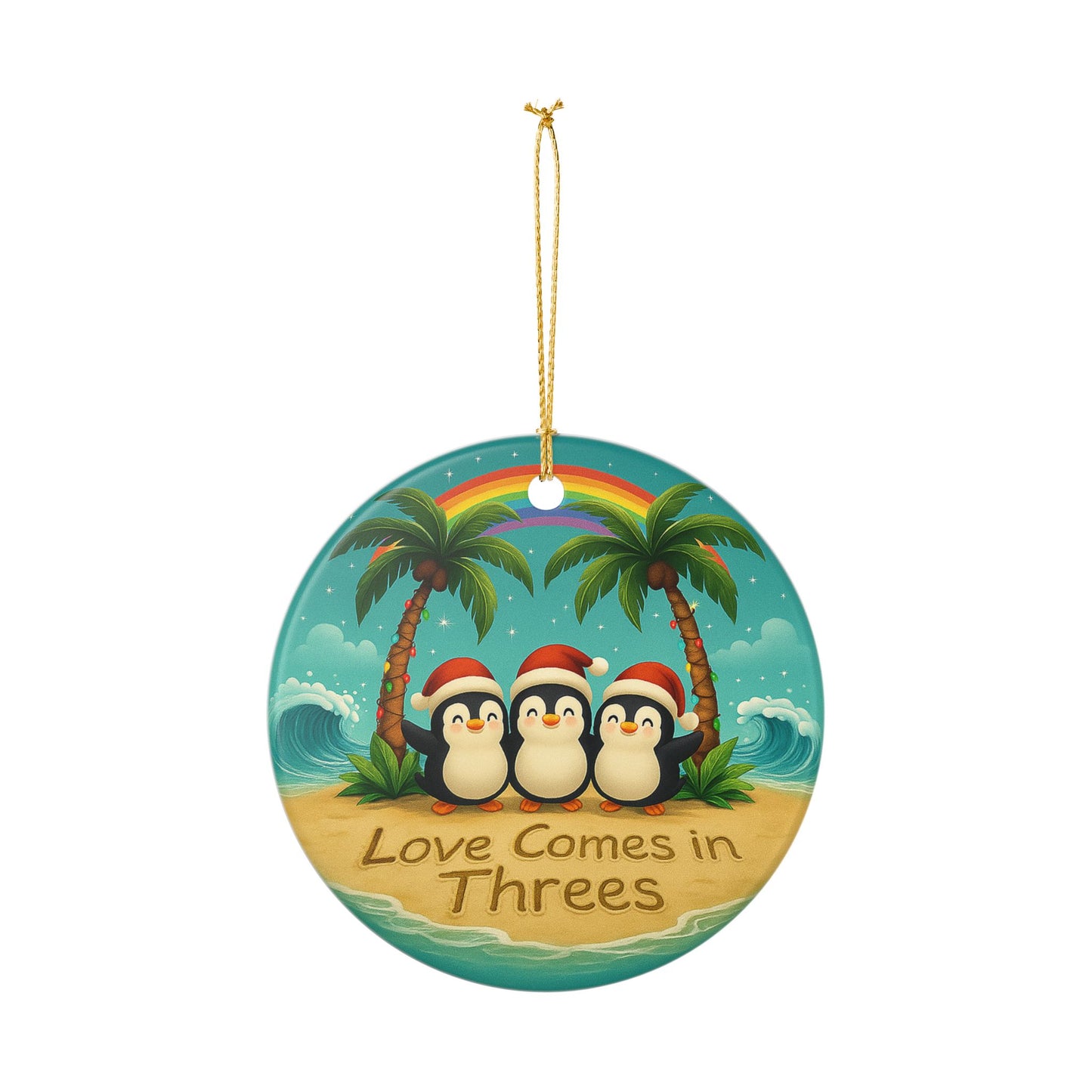 Love Comes in Threes Ceramic Ornament | Penguin Trio Beach Christmas | Throuple Ornament