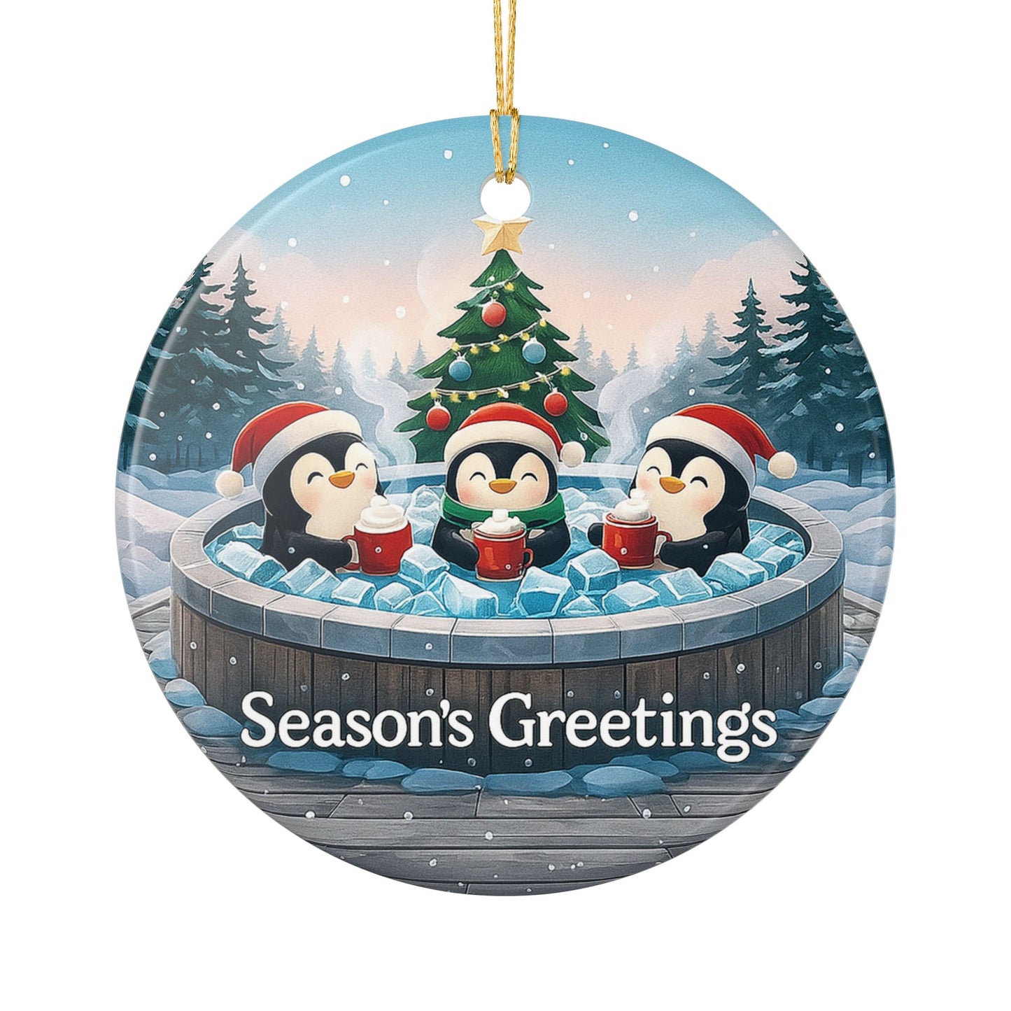 Penguins in Hot Tub Season's Greetings Ornament | Ceramic Holiday Decoration | Throuple Ornament Trio Penguins