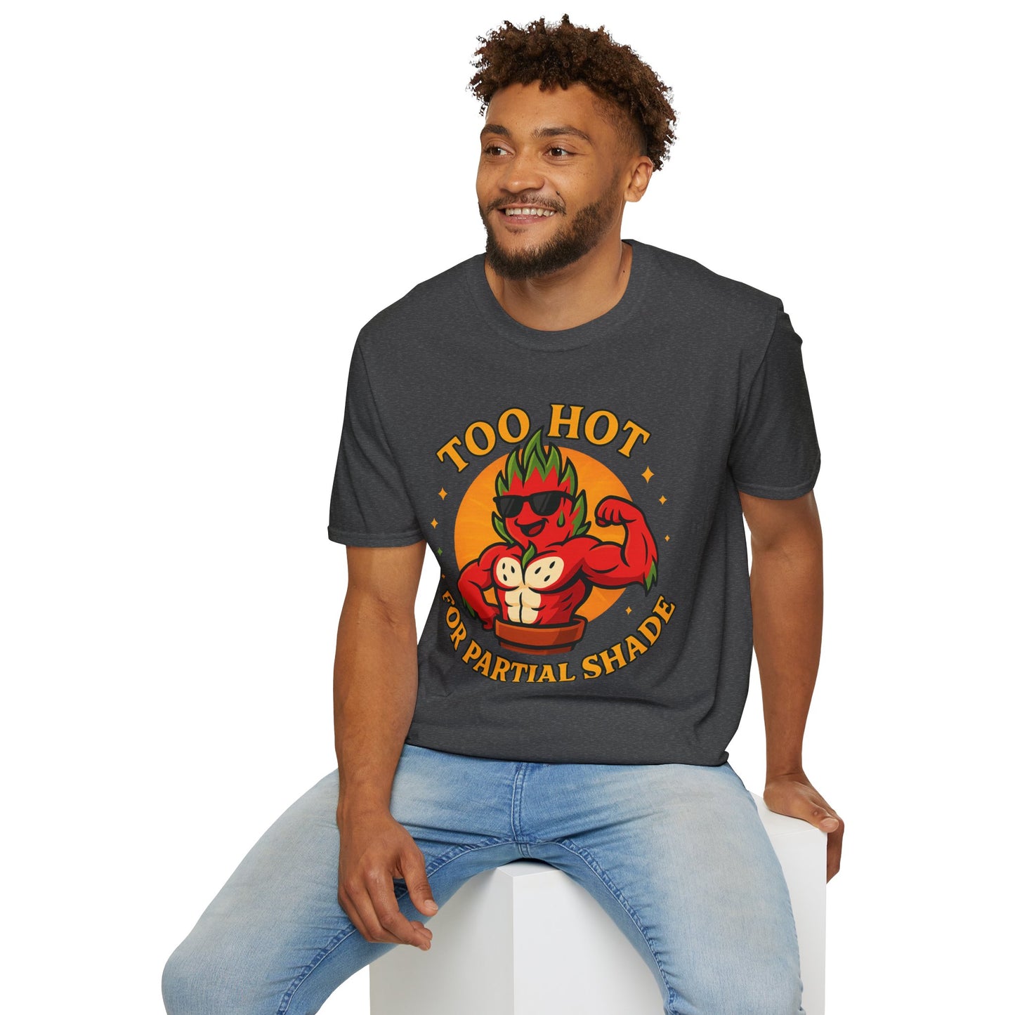 Too Hot For Partial Shade T-Shirt | Flaming Dragon Fruit Cartoon Design | Men's T-Shirt Plant Lover