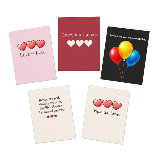 Love Multiplied Greeting Cards, 5-Pack | Triple Heart Celebration Cards | BLANK Insides | Throuple Cards