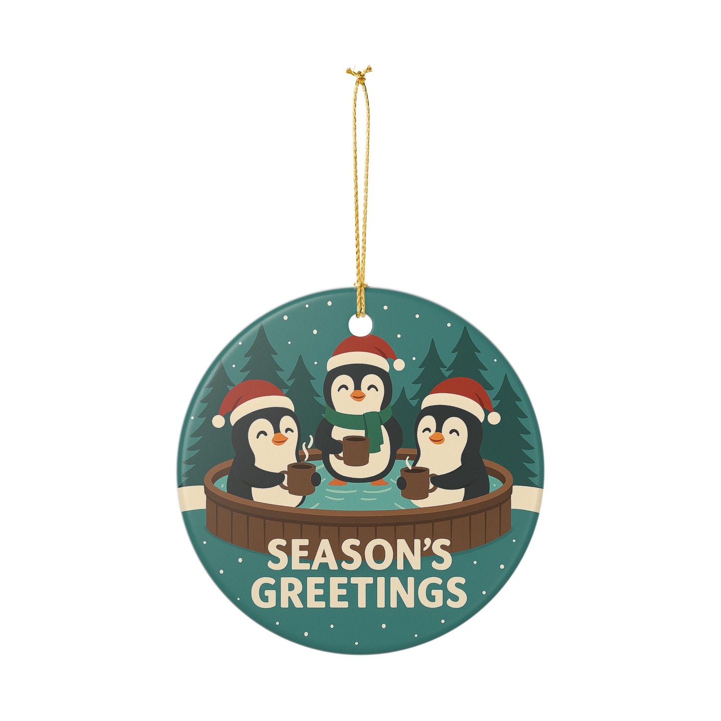 Penguins in Hot Tub Season's Greetings Ornament | Ceramic Holiday Decoration | Throuple Ornament