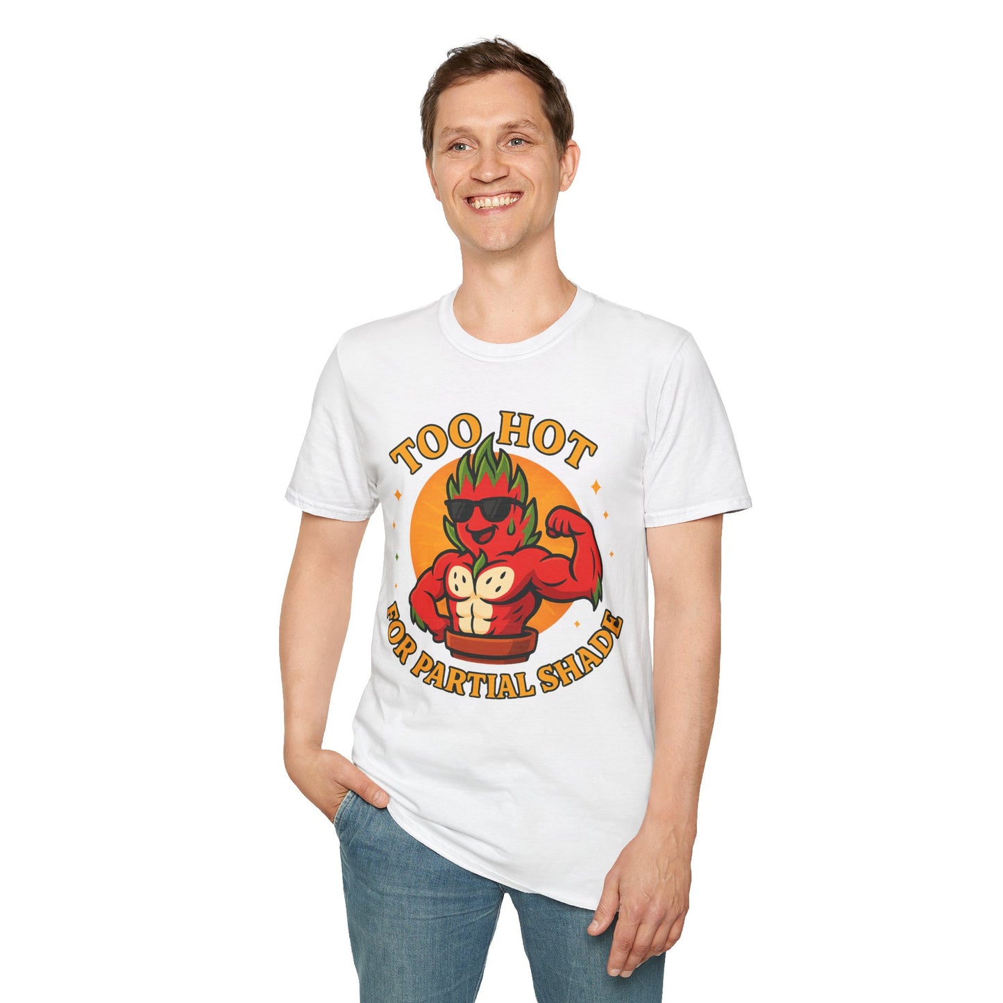 Too Hot For Partial Shade T-Shirt | Flaming Dragon Fruit Cartoon Design | Men's T-Shirt Plant Lover