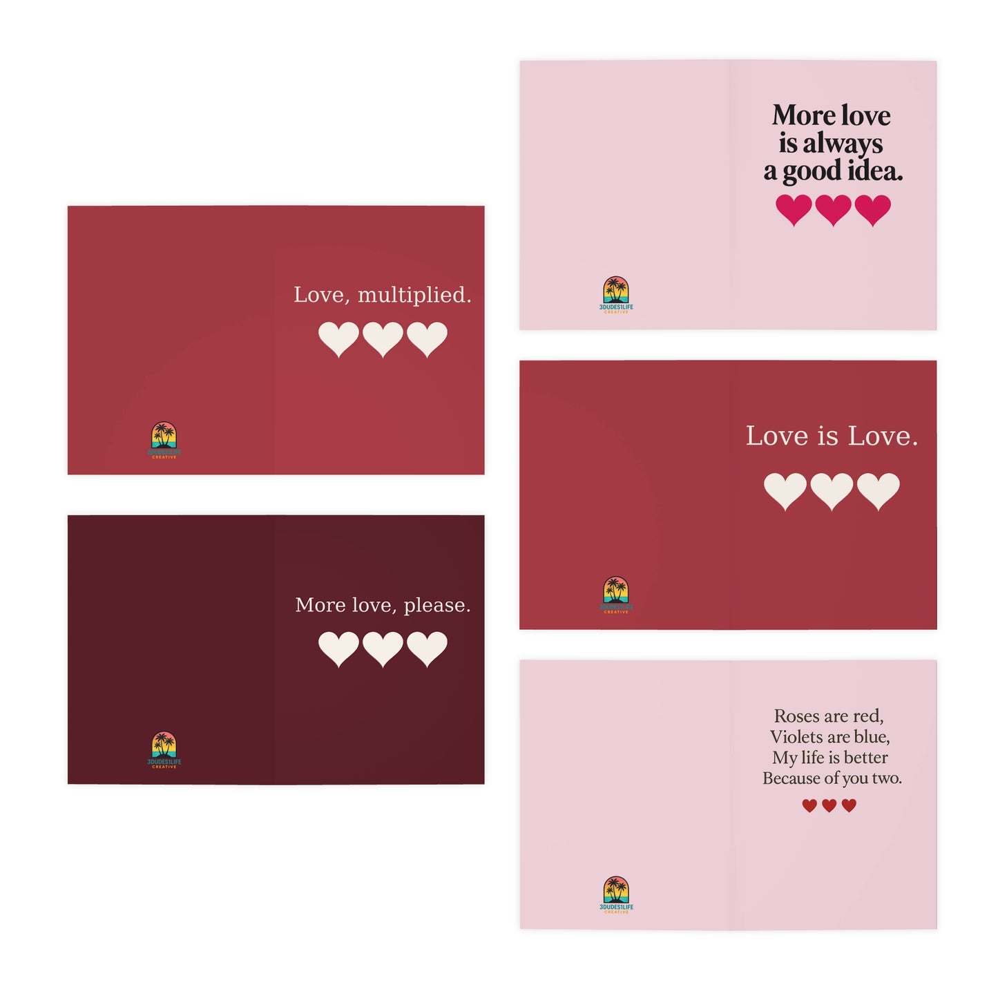 Love Hearts Greeting Cards 5-Pack | Romantic Note Cards | Throuple Valentine's Day Cards