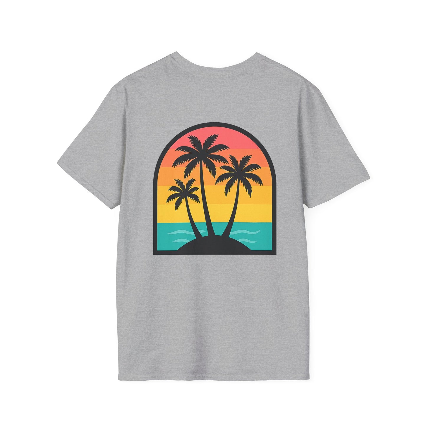 Sunset Palm Trees T-Shirt | Tropical Beach Retro Sunset Graphic | Throuple Shirt Merch Branded Flamingos