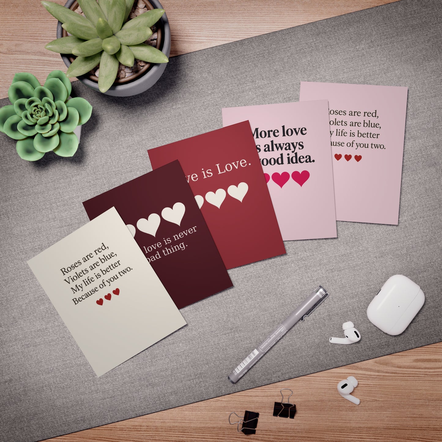 Love Hearts Poetry Greeting Cards 5-Pack | Romantic Valentines Note Cards | Throuple Valentine's Day Cards