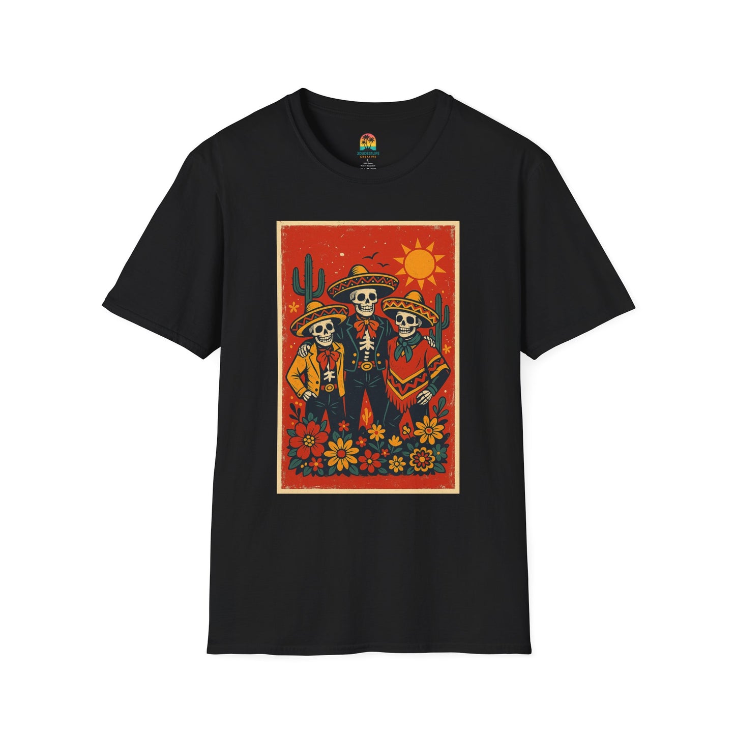 Day of the Dead Trio T-Shirt, Casual Skull Tee, Unisex Festival Shirt, Halloween Costume Top, Mexican Heritage Apparel, Throuple Shirt