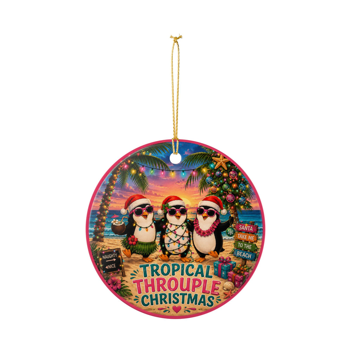 Tropical Throuple Christmas Ornament | Penguin Beach Christmas Decor | Polyamory Gift | LGBTQ+ Holiday Ornament