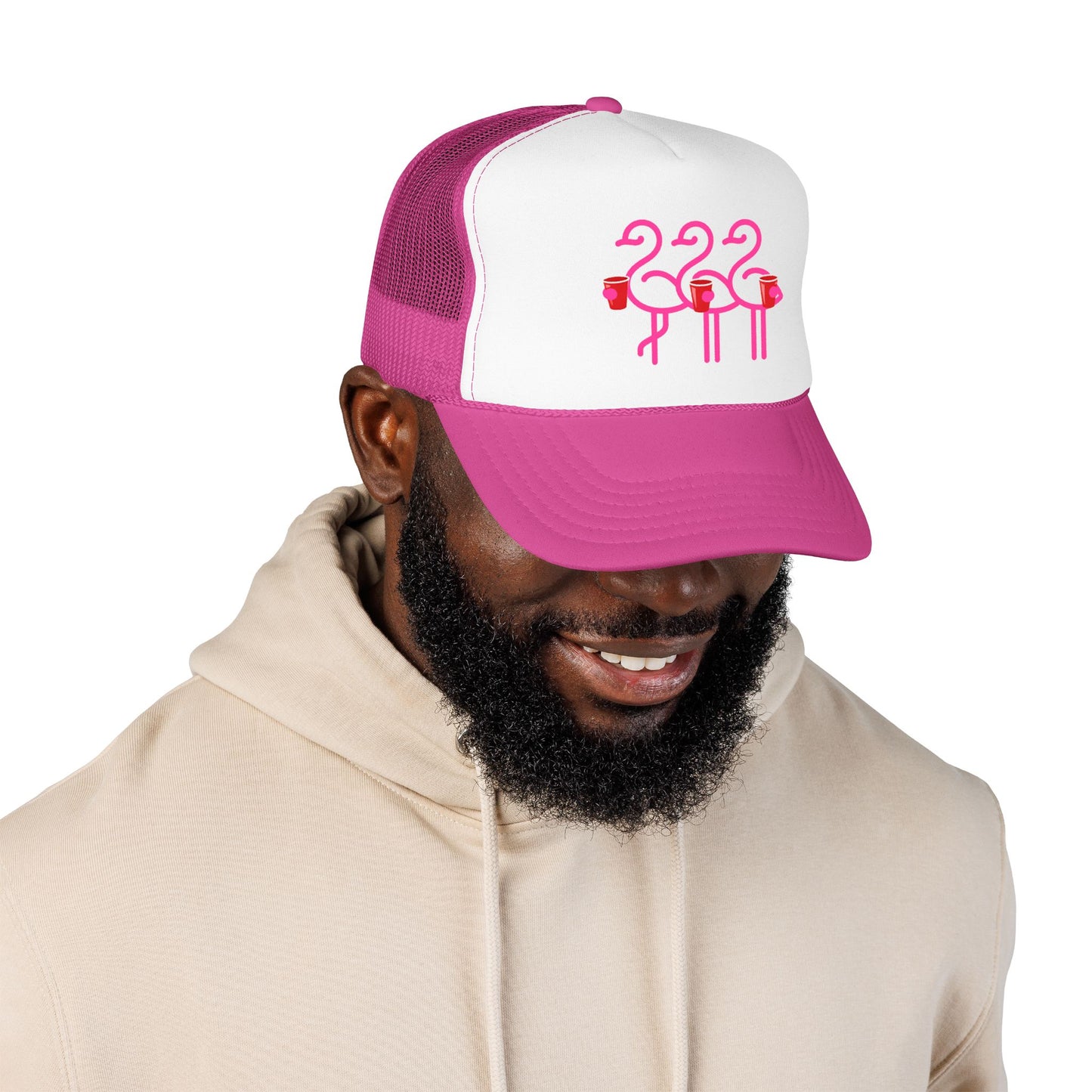 Pink Flamingo Trio Foam Trucker Hat | Retro Beach Party Mesh Cap | Red Cup Throuple Life