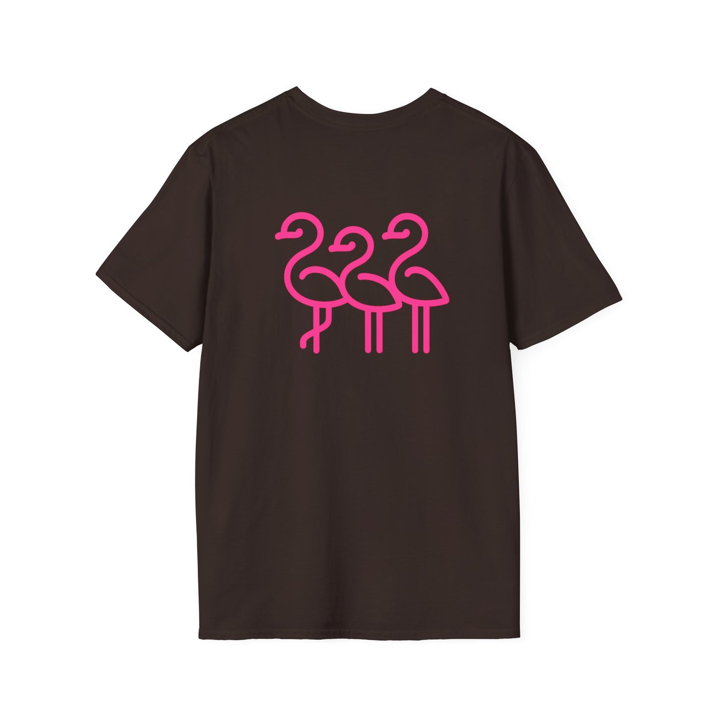 Pink Flamingo Trio T-Shirt | Small Chest Logo, Back Graphic | Throuple Shirt