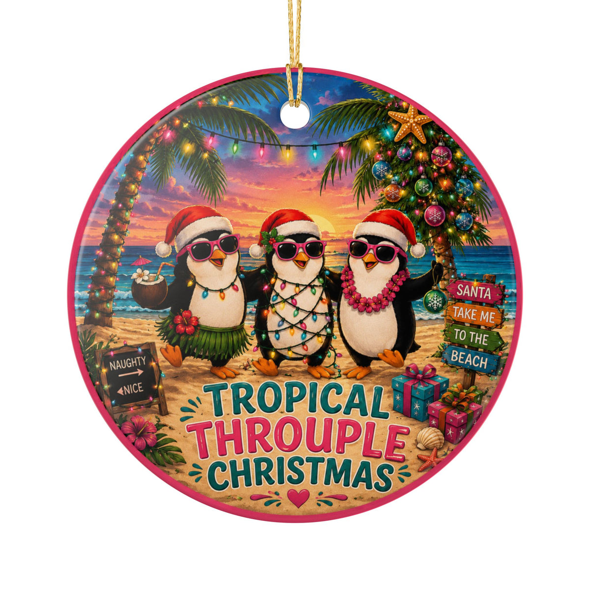 Tropical Throuple Christmas Ornament | Penguin Beach Christmas Decor | Polyamory Gift | LGBTQ+ Holiday Ornament
