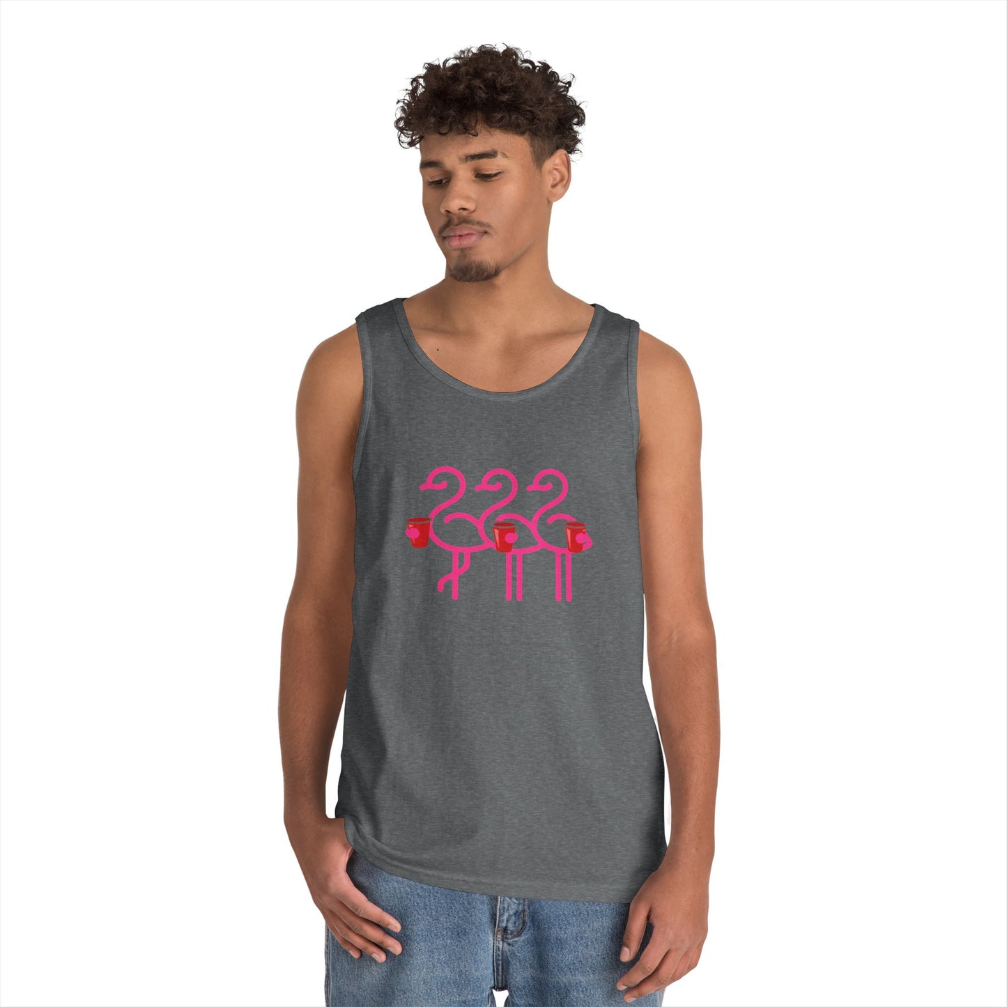 Three Pink Flamingos Tank Top | Retro Tropical Birds, Summer Beach Tee | Red Cup Throuple Life