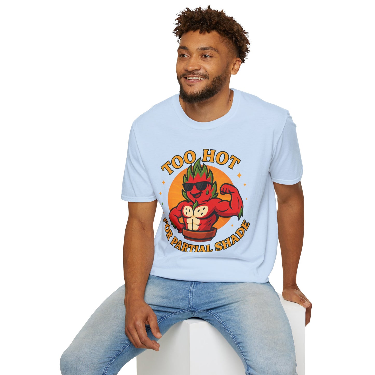 Too Hot For Partial Shade T-Shirt | Flaming Dragon Fruit Cartoon Design | Men's T-Shirt Plant Lover