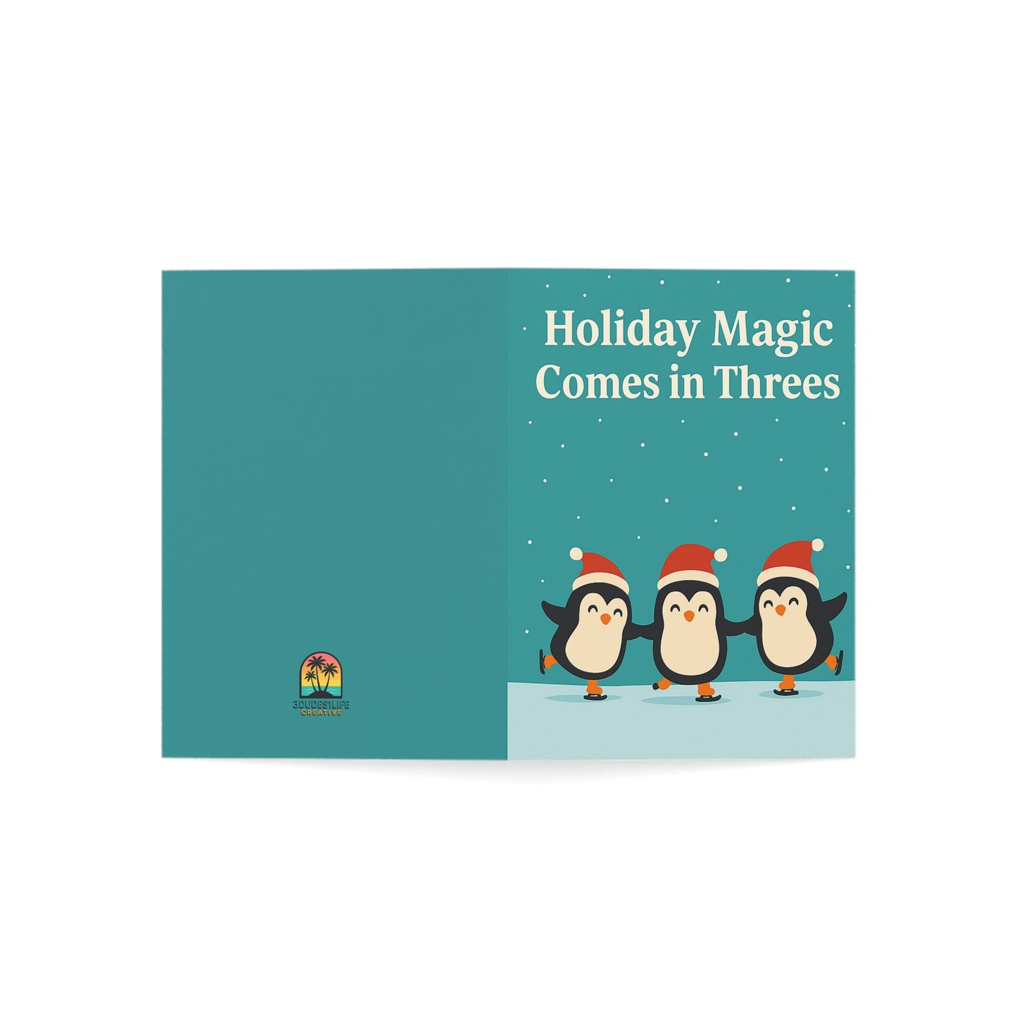 Holiday Magic Comes in Threes Penguin Illustration Greeting Card | Holiday Cards Throuple