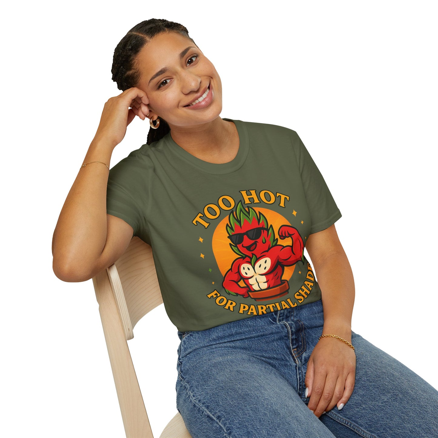 Too Hot For Partial Shade T-Shirt | Flaming Dragon Fruit Cartoon Design | Men's T-Shirt Plant Lover