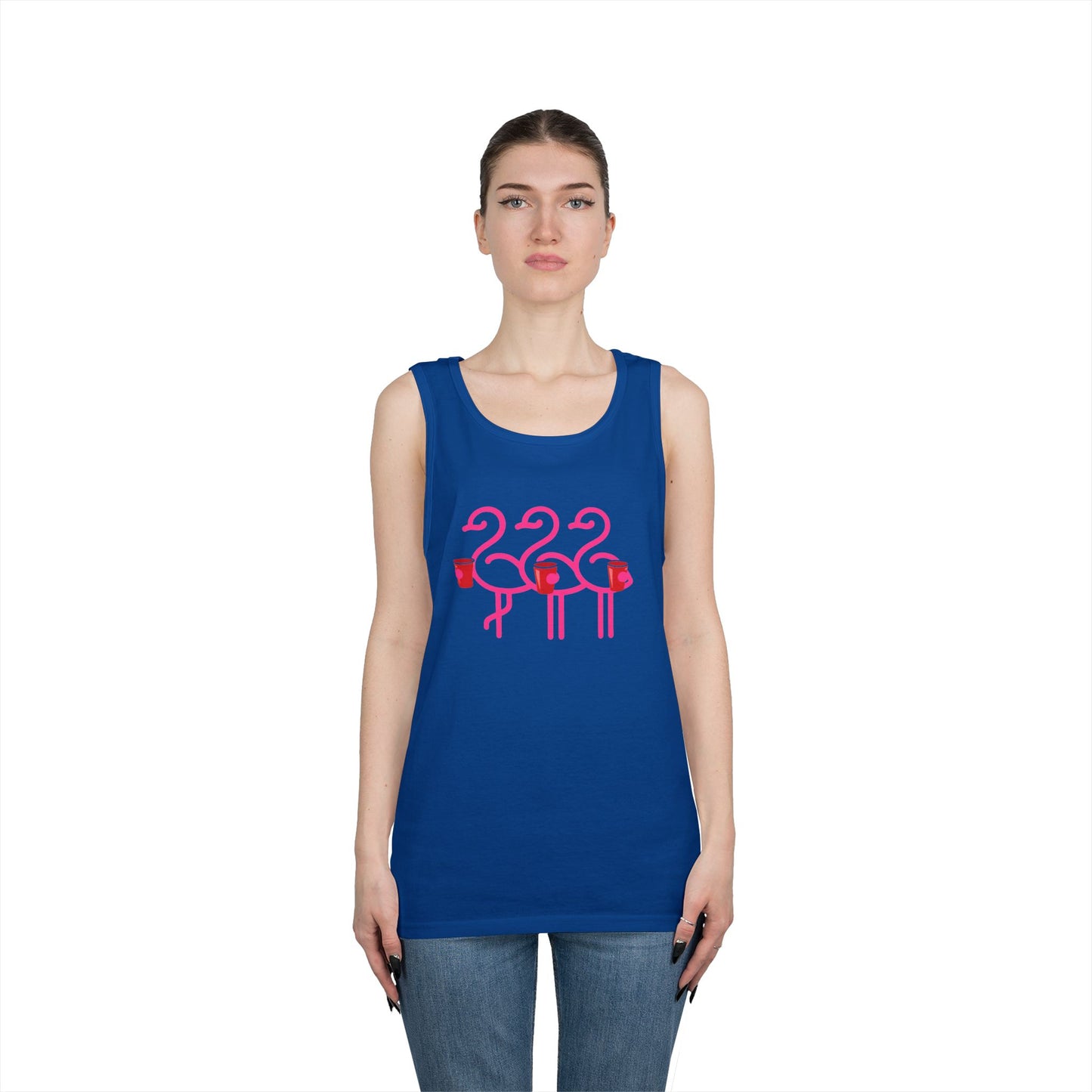Three Pink Flamingos Tank Top | Retro Tropical Birds, Summer Beach Tee | Red Cup Throuple Life