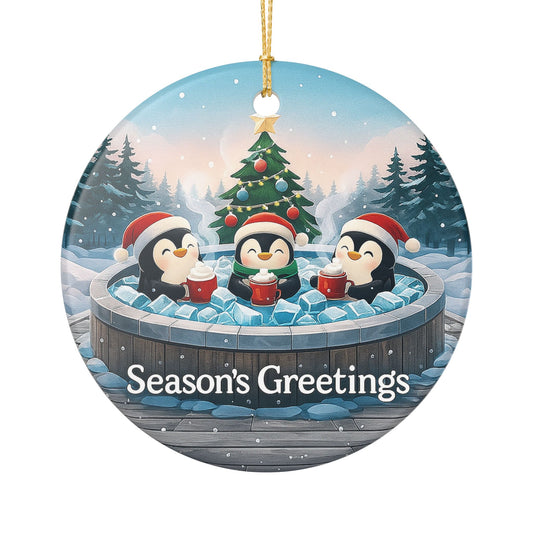 Penguins in Hot Tub Season's Greetings Ornament | Ceramic Holiday Decoration | Throuple Ornament Trio Penguins