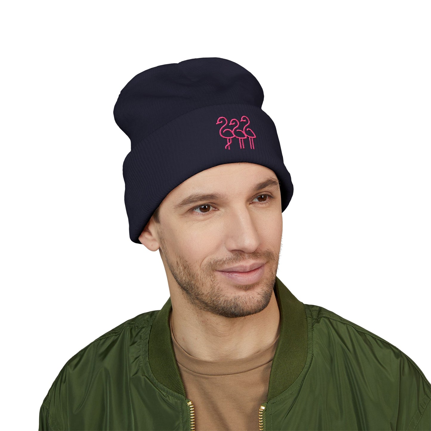 Pink Flamingo Trio Soft Beanie | Cuffed Embroidered Beanie | Throuple Gift Ideas