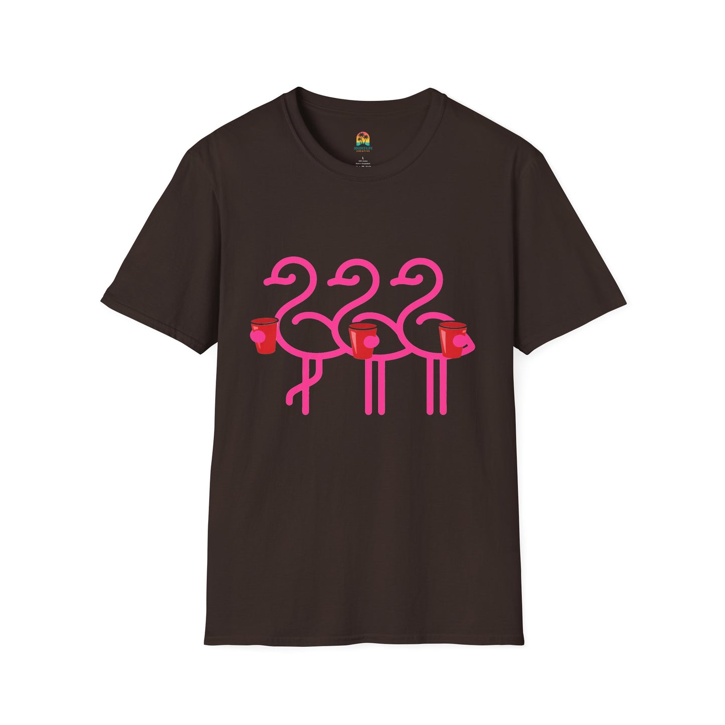 Pink Flamingos Holding Cups T-Shirt | Tropical Party Graphic | Red Cup Throuple Life
