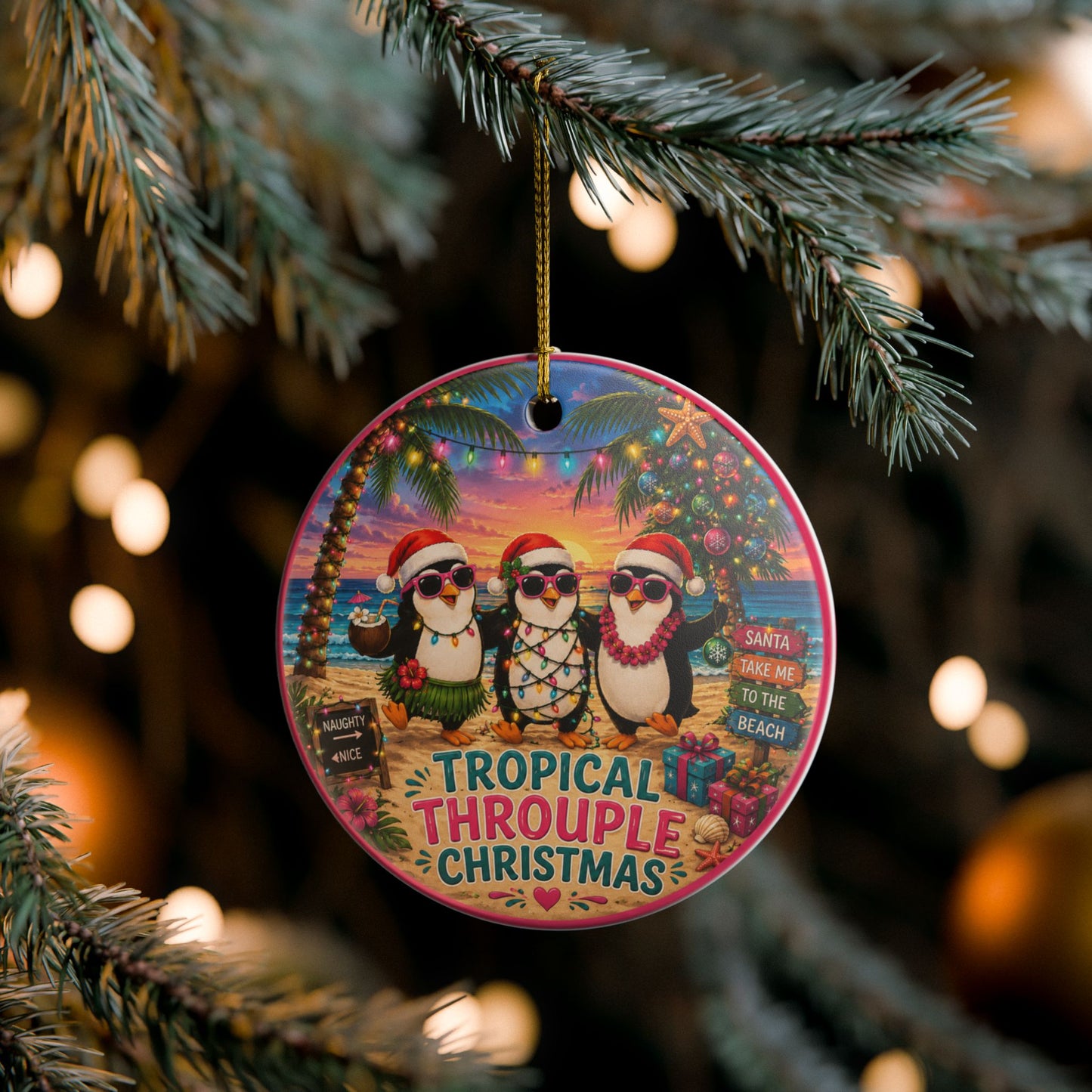Tropical Throuple Christmas Ornament | Penguin Beach Christmas Decor | Polyamory Gift | LGBTQ+ Holiday Ornament
