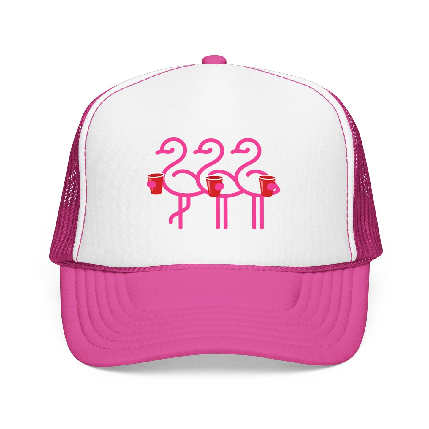 Pink Flamingo Trio Foam Trucker Hat | Retro Beach Party Mesh Cap | Red Cup Throuple Life