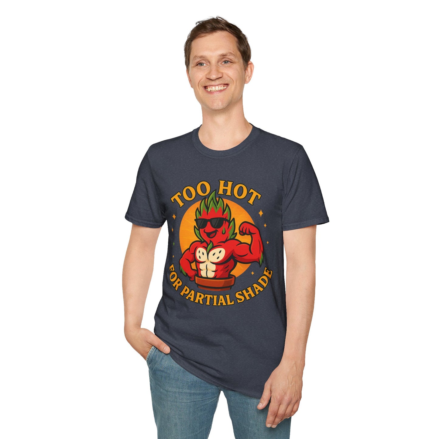 Too Hot For Partial Shade T-Shirt | Flaming Dragon Fruit Cartoon Design | Men's T-Shirt Plant Lover