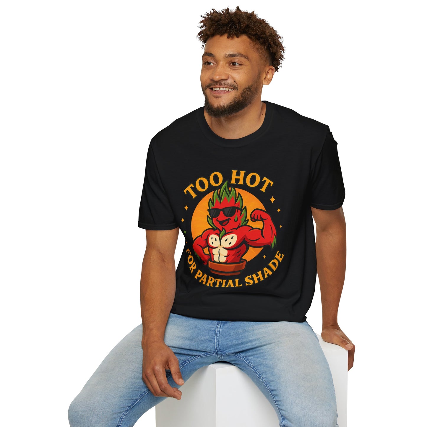 Too Hot For Partial Shade T-Shirt | Flaming Dragon Fruit Cartoon Design | Men's T-Shirt Plant Lover