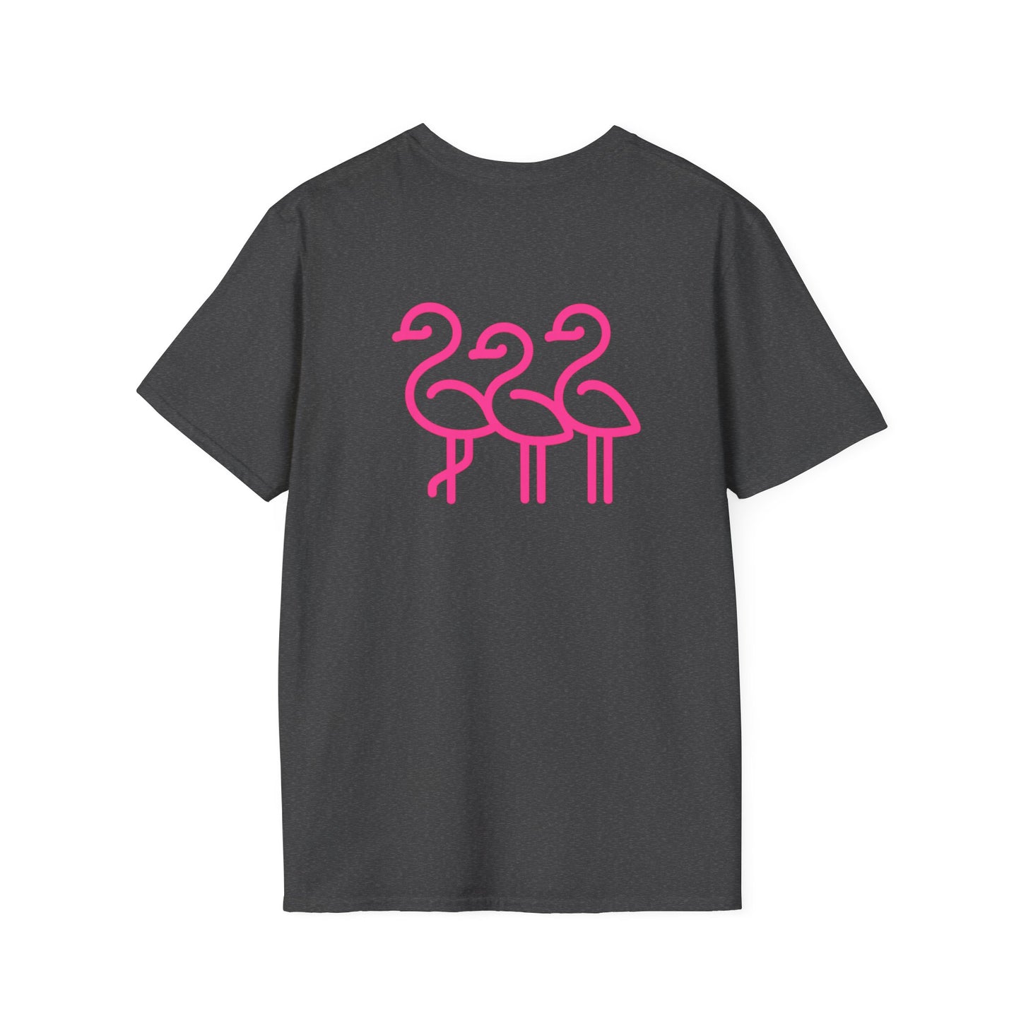 Pink Flamingo Trio T-Shirt | Small Chest Logo, Back Graphic | Throuple Shirt