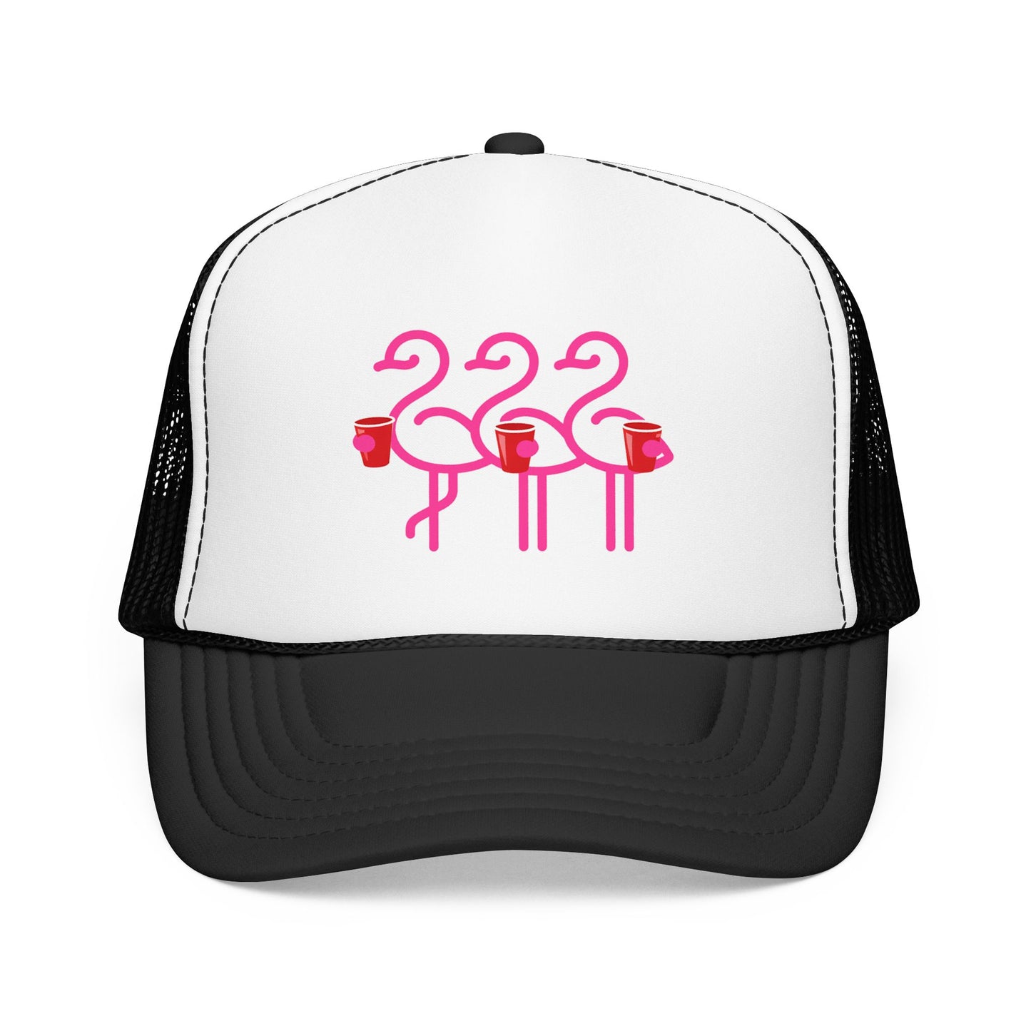 Pink Flamingo Trio Foam Trucker Hat | Retro Beach Party Mesh Cap | Red Cup Throuple Life
