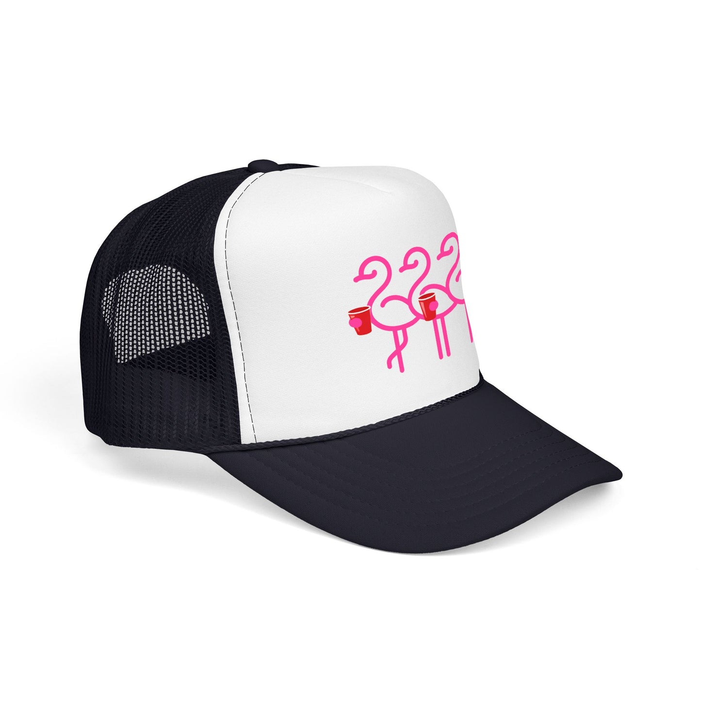 Pink Flamingo Trio Foam Trucker Hat | Retro Beach Party Mesh Cap | Red Cup Throuple Life