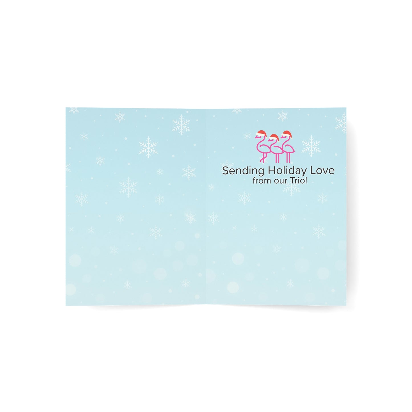 Three's A Holiday Vibe Flamingos Greeting Card | Christmas Holiday Card | Snowflake Throuple Holiday Card