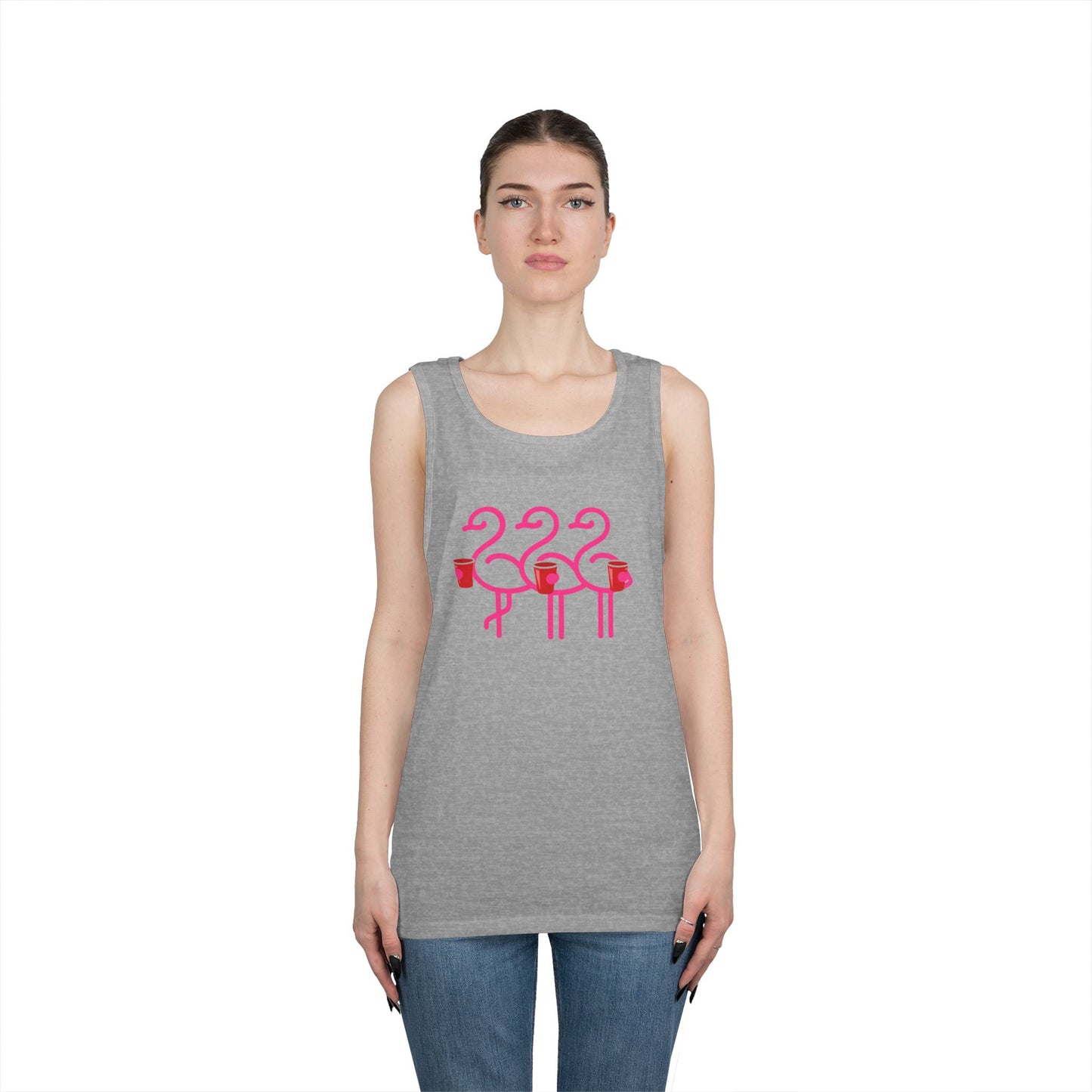 Three Pink Flamingos Tank Top | Retro Tropical Birds, Summer Beach Tee | Red Cup Throuple Life