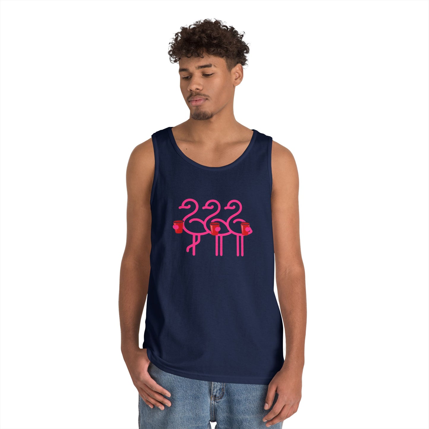 Three Pink Flamingos Tank Top | Retro Tropical Birds, Summer Beach Tee | Red Cup Throuple Life