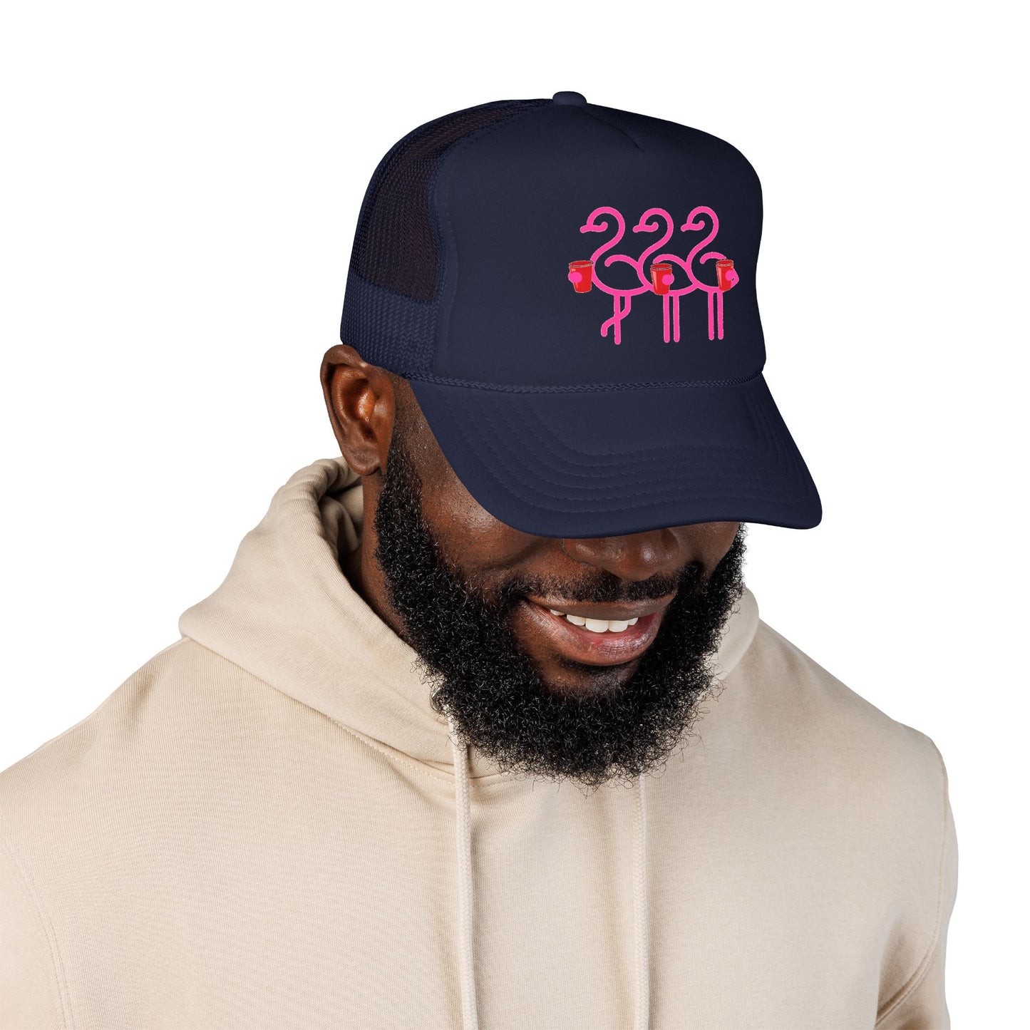 Pink Flamingo Trio Foam Trucker Hat | Retro Beach Party Mesh Cap | Red Cup Throuple Life