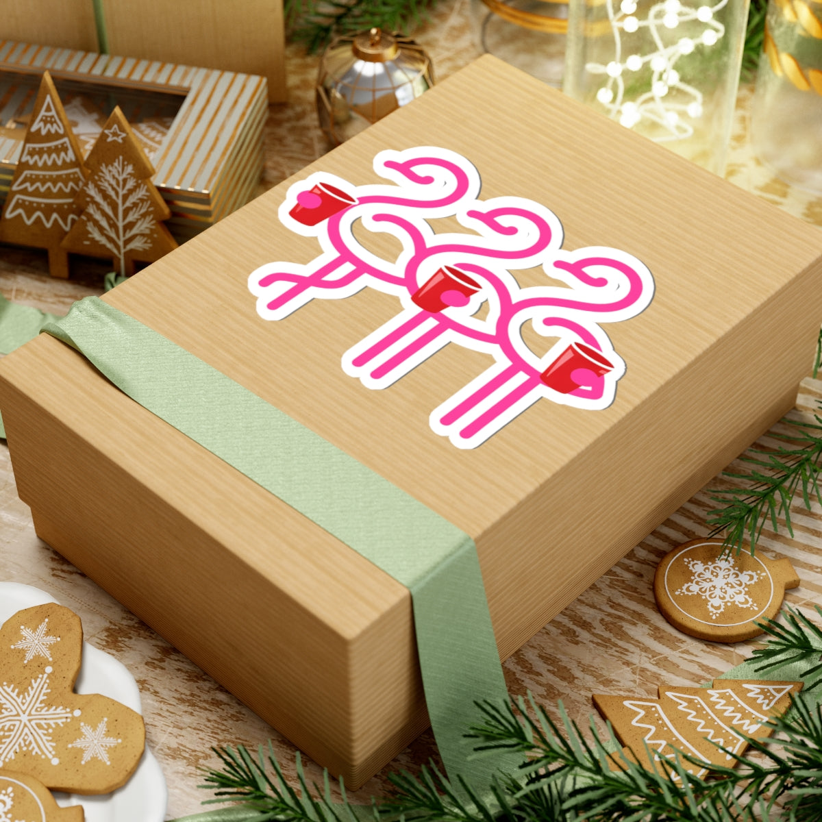 Flamingo Trio with Red Cups Kiss-Cut Stickers | Party Flamingos Vinyl Sticker | Throuple Life