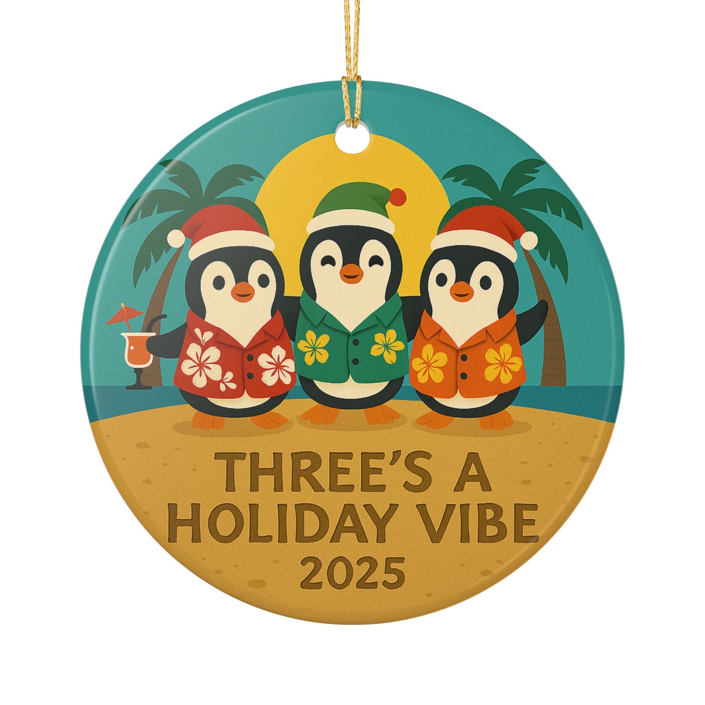 Three's a Holiday Vibe Penguins Ceramic Ornament | 2025 Tropical Christmas | Throuple Ornament