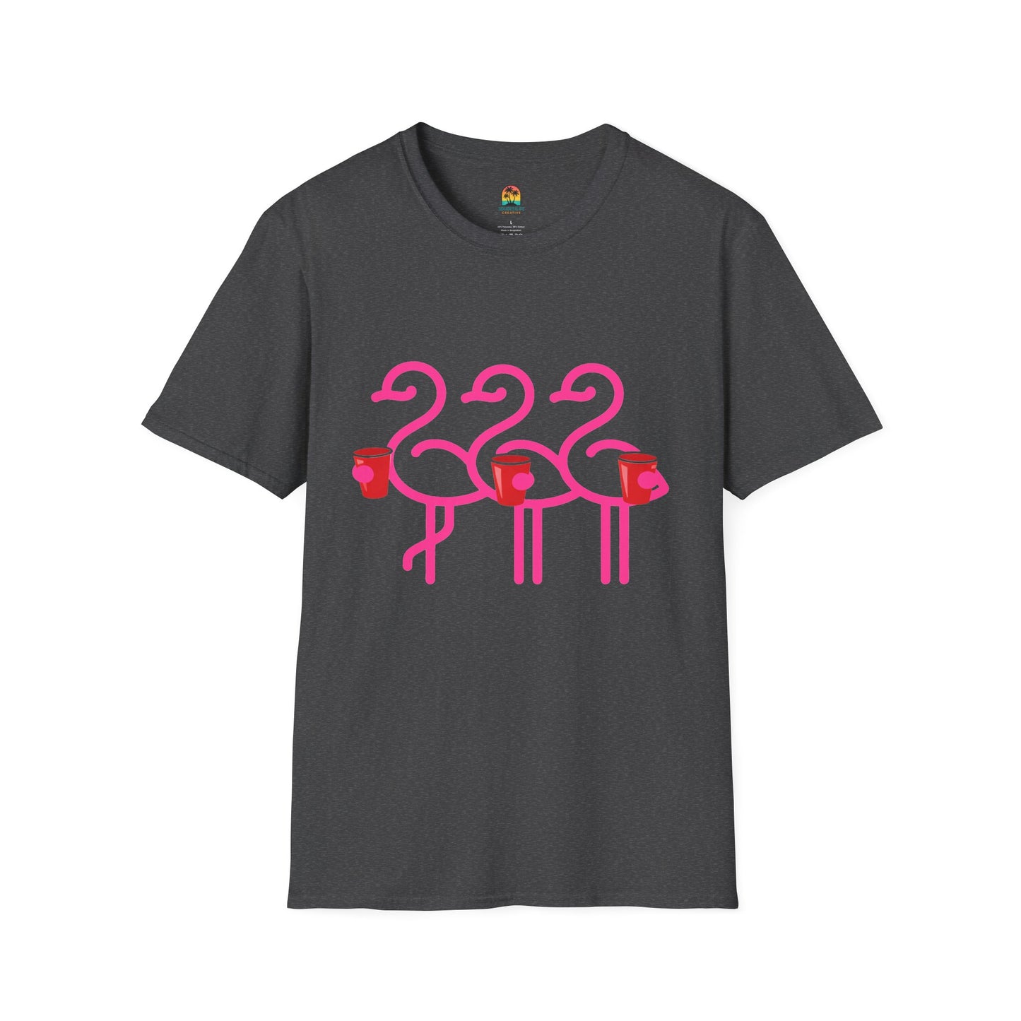Pink Flamingos Holding Cups T-Shirt | Tropical Party Graphic | Red Cup Throuple Life