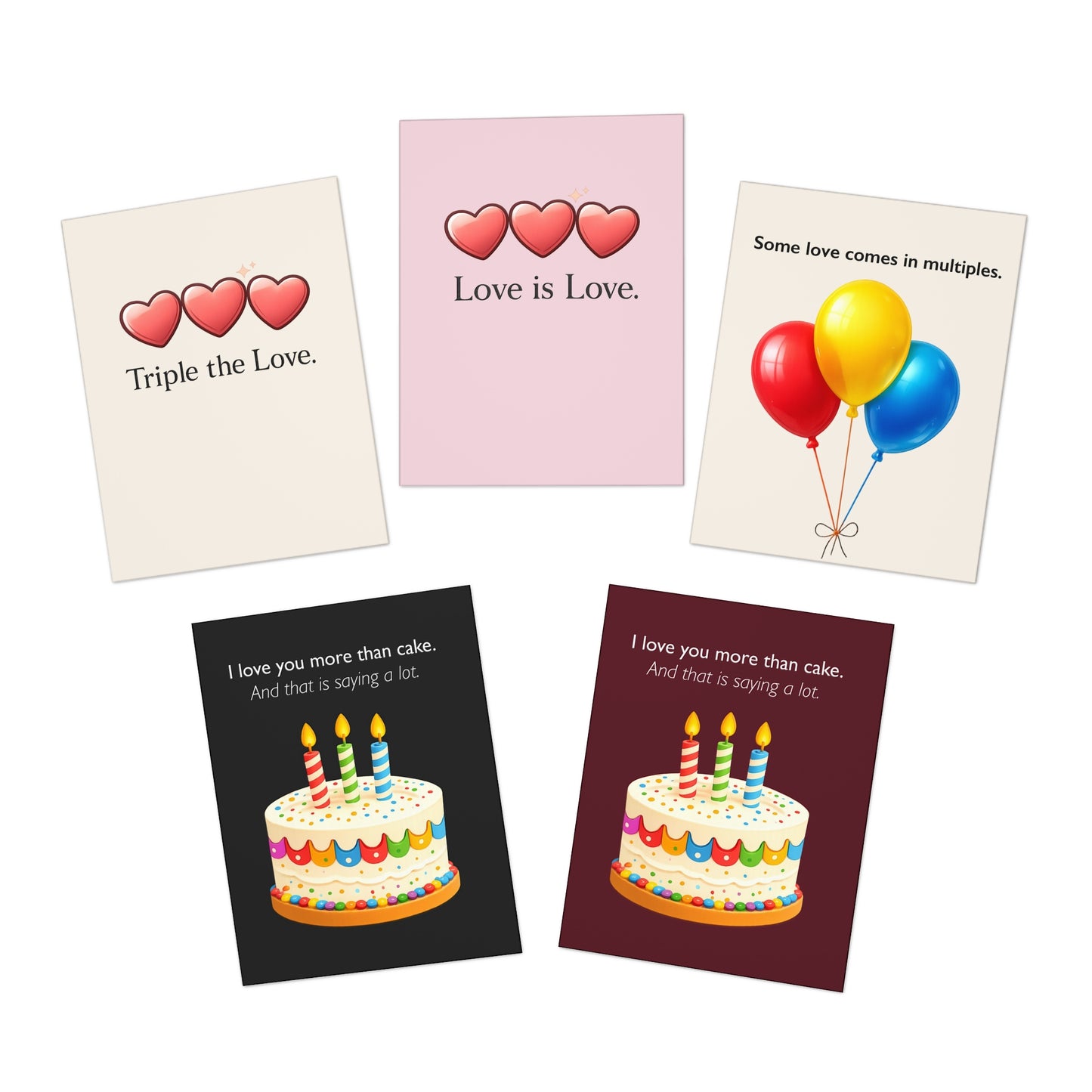 Hearts and Celebration Cards 5-Pack | Greeting Cards with Hearts, Balloons, Birthday Cake | Throuple Cards