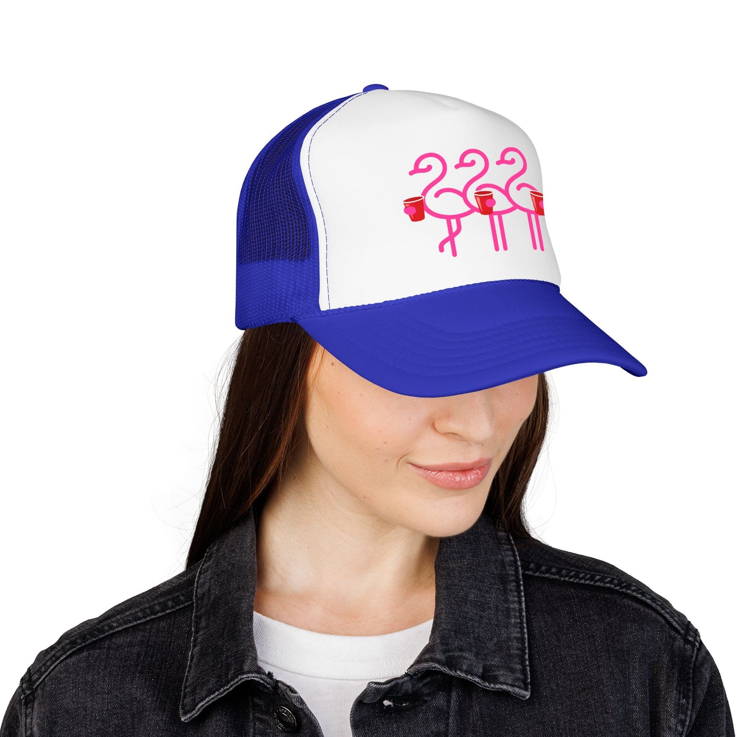 Pink Flamingo Trio Foam Trucker Hat | Retro Beach Party Mesh Cap | Red Cup Throuple Life