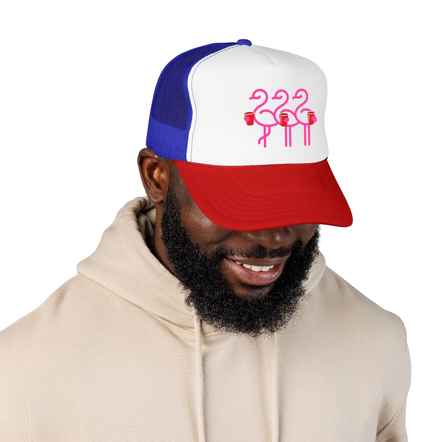 Pink Flamingo Trio Foam Trucker Hat | Retro Beach Party Mesh Cap | Red Cup Throuple Life