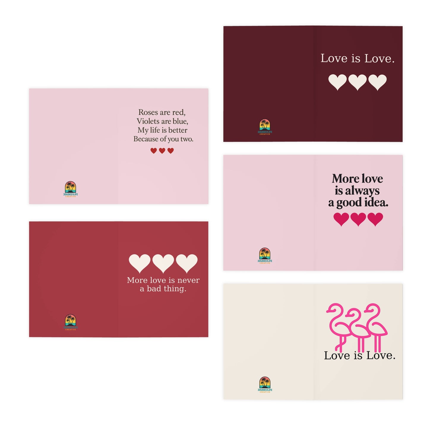 Love is Love heart cards 5-pack Greeting Cards | LGBTQ Pride valentines | Throuple Valentine's Day Cards