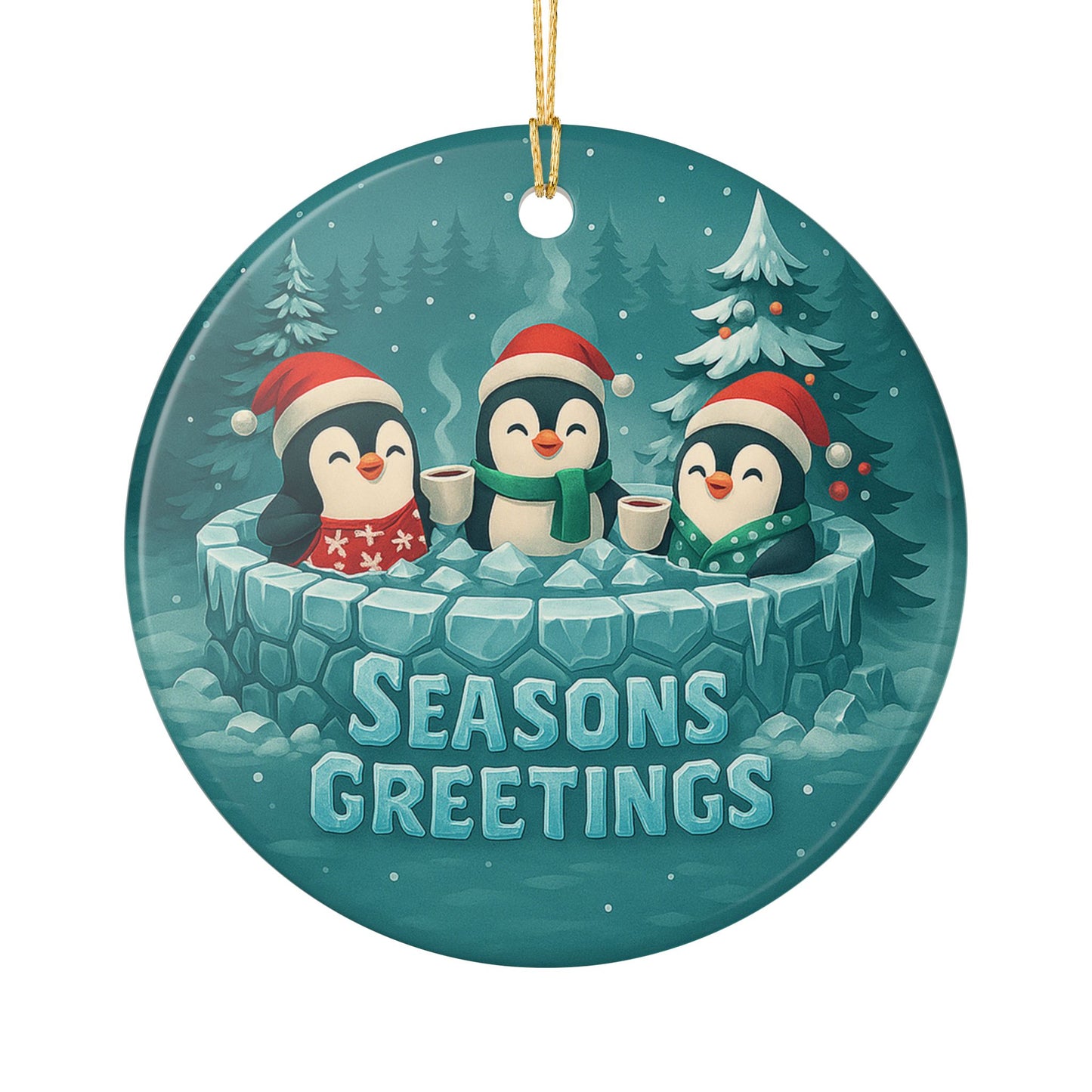 Penguins in Hot Tub Seasons Greetings Ornament | Ceramic Christmas Decoration | Throuple Ornament Trio Penguins