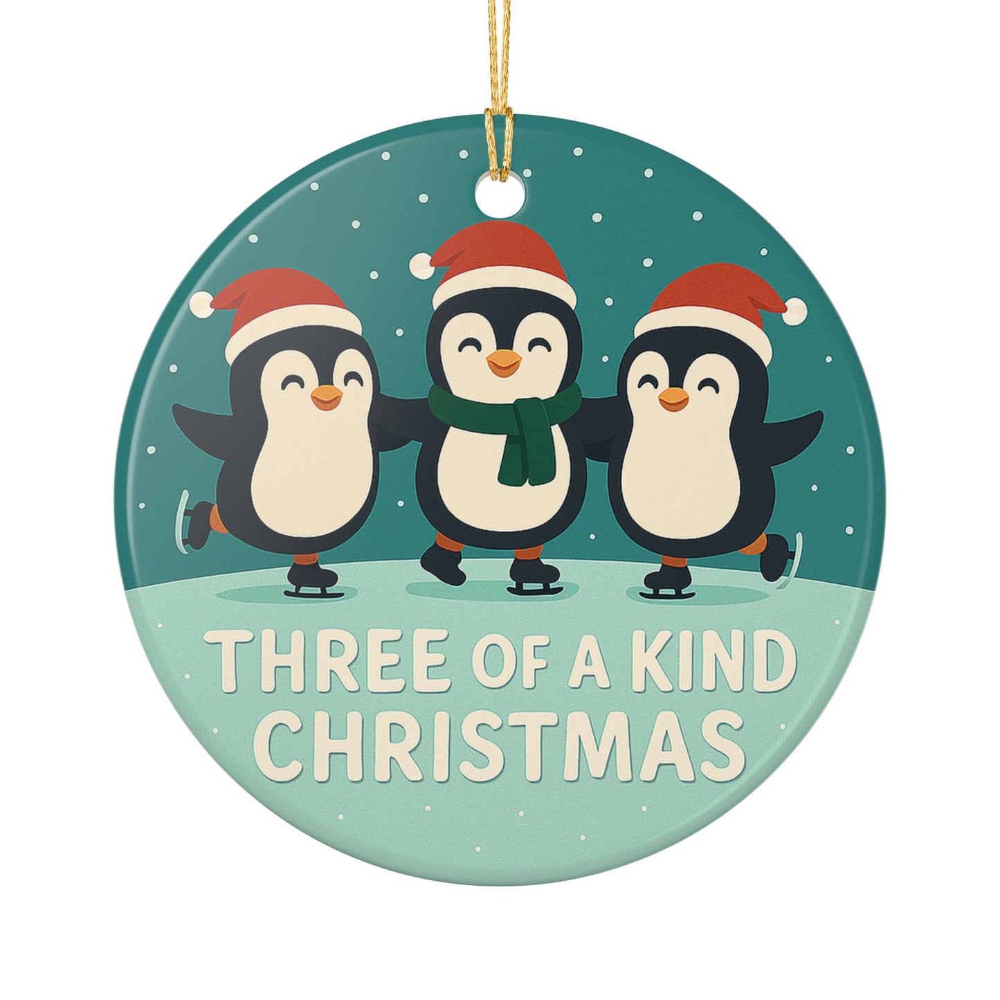 Three of a Kind Christmas Penguins Ornament | Ceramic Round Holiday Decoration | Throuple Ornament