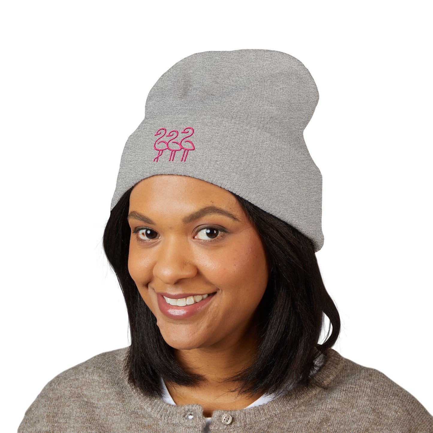 Pink Flamingo Trio Soft Beanie | Cuffed Embroidered Beanie | Throuple Gift Ideas